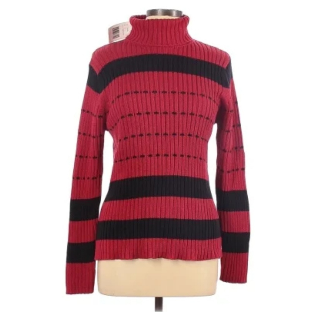 Jeanne Pierre Black/Red Striped Turtleneck Sweater Size Large